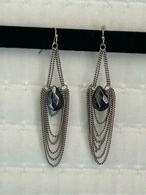 Silver-Tone Layered Chain Drop Earrings with Hematite Bead